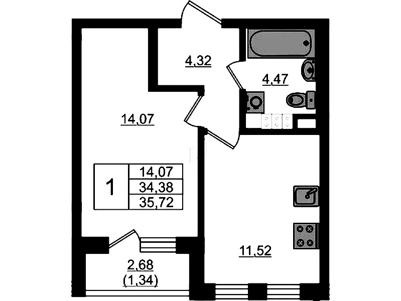 1-комнатная квартира 35.72 м², 4/4 эт., ЖК «Новая история»